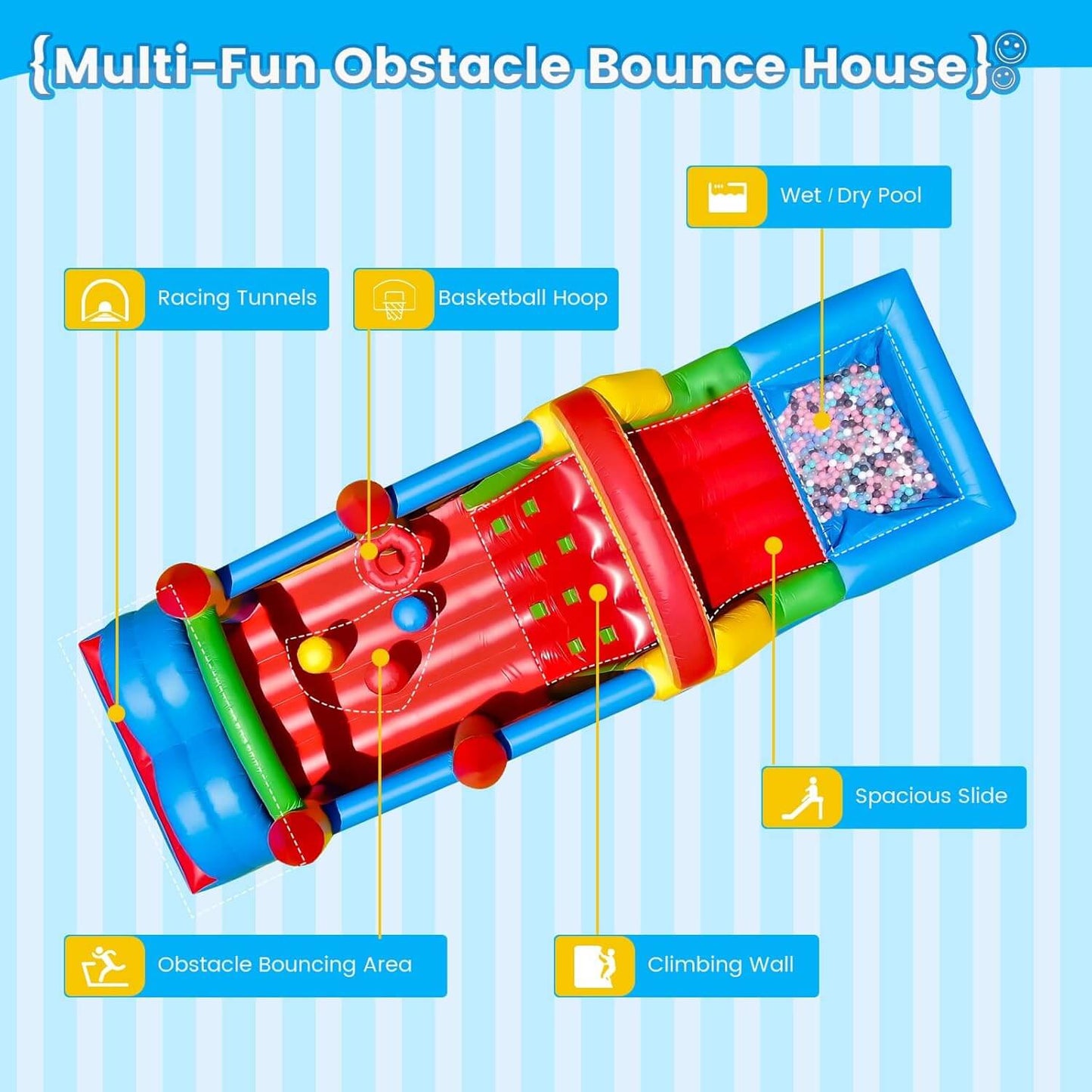 25' Bounce Obstacle Course Inflatable Water Obstacle Course with Slide Wet Dry Pool Interactive Games Bouncinlife