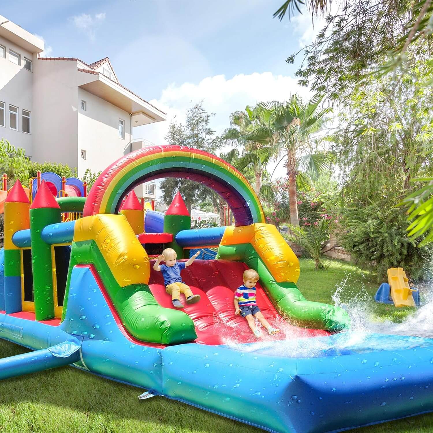 25' Bounce Obstacle Course Inflatable Water Obstacle Course with Slide Wet Dry Pool Interactive Games Bouncinlife