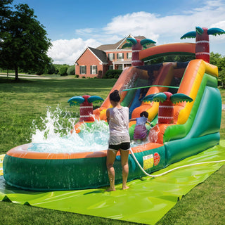 Bouncinlife Tropical Water Slide 21ft Pvc Water Slide Blow up Water Bounce House Giant Inflatable Water Slide Double Lane for Party