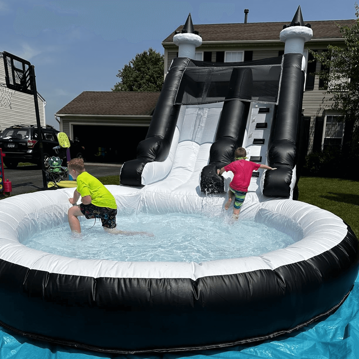 Heavy-duty PVC commercial water slide with splash pool for backyard water parks, ASTM-certified professional safety design for premium family events.