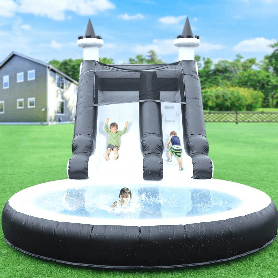 24FT Commercial Inflatable Water Slide Splash Pool with Blower - Black White Bouncinlife