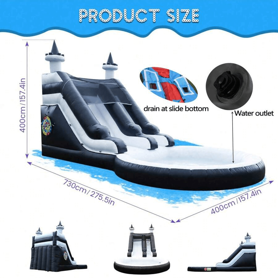 24FT Commercial Inflatable Water Slide Splash Pool with Blower - Black White Bouncinlife
