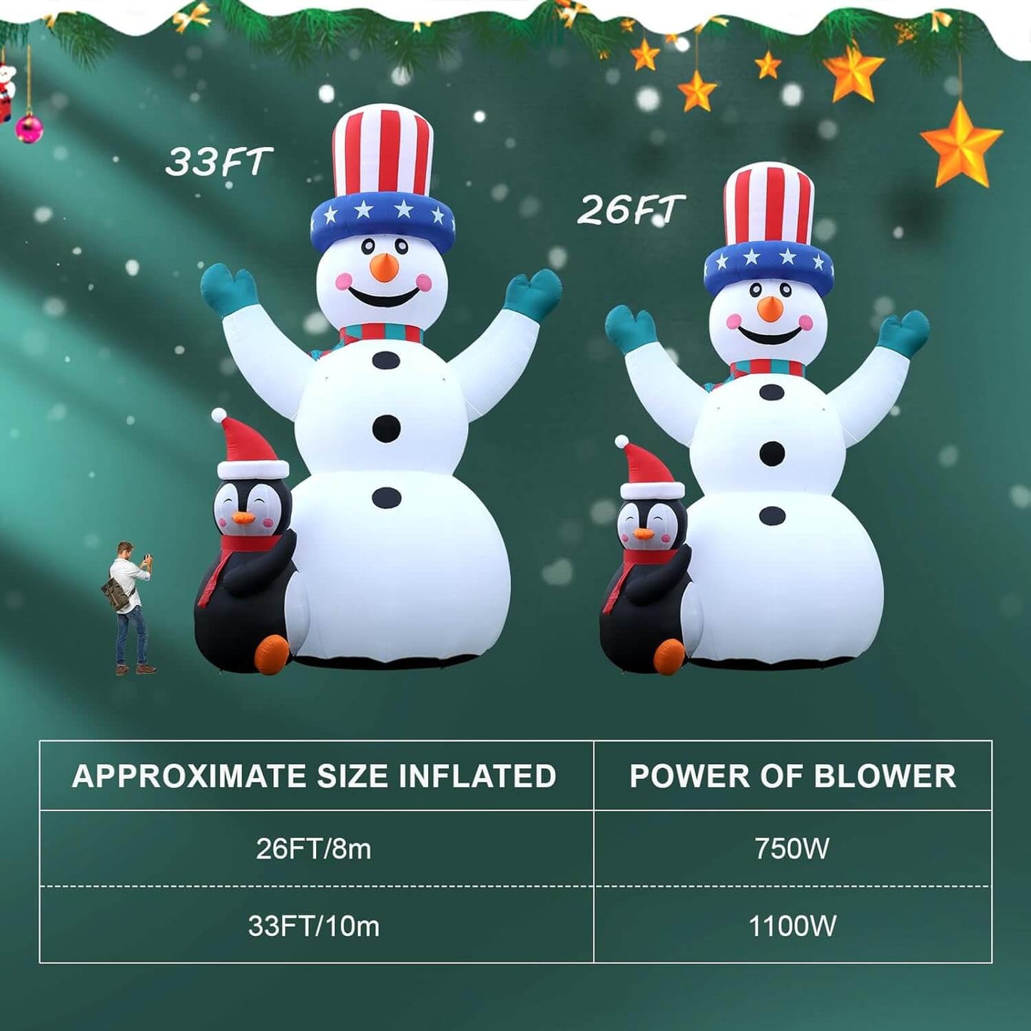 26 / 33 FT Christmas Inflatable Snowman with Penguins, Durable Snowman Inflatable Outdoor,Blow Up Snowman Inflatable for Yard Decoration Bouncinlife