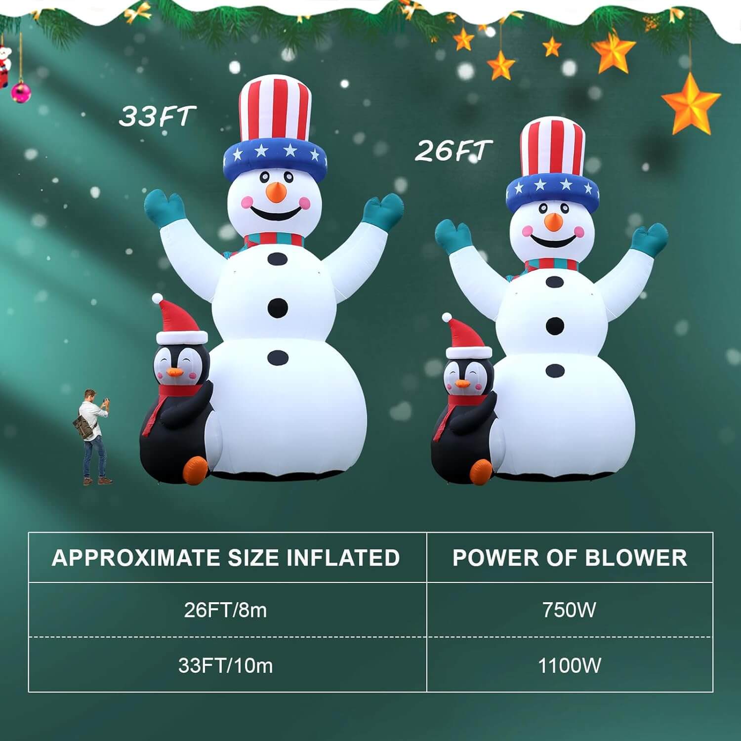 26 / 33 FT Christmas Inflatable Snowman with Penguins, Durable Snowman Inflatable Outdoor,Blow Up Snowman Inflatable for Yard Decoration Bouncinlife