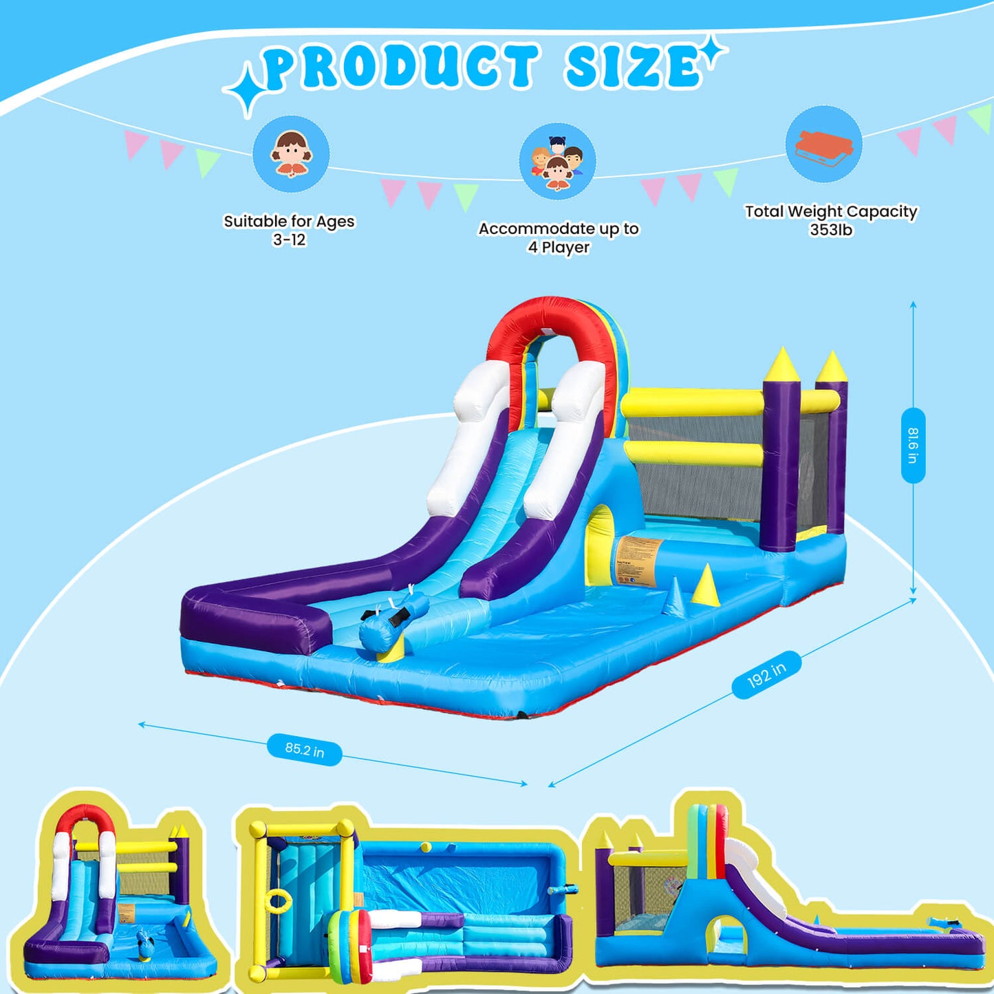 Bouncinlife 16ft Inflatable Water Slide Splash Pool Combo Play House for Kids
