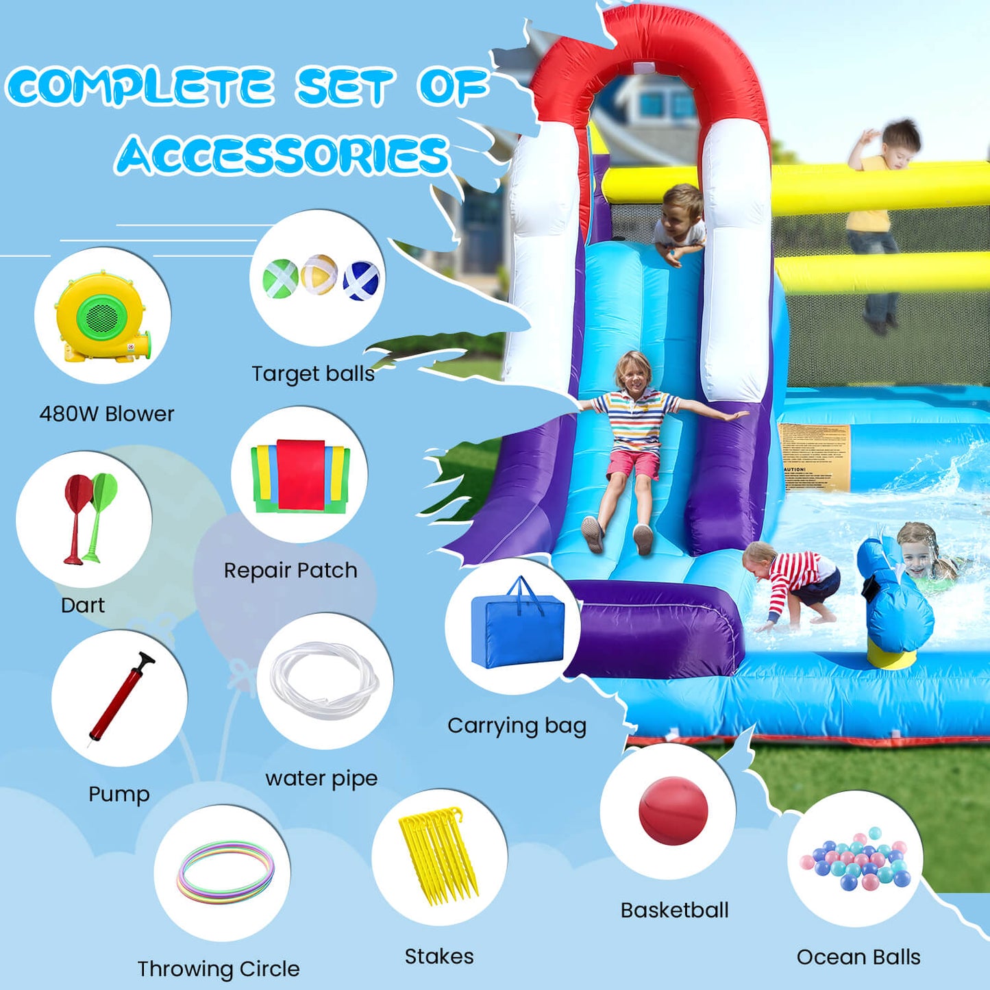 Bouncinlife 16ft Inflatable Water Slide Splash Pool Combo Play House for Kids