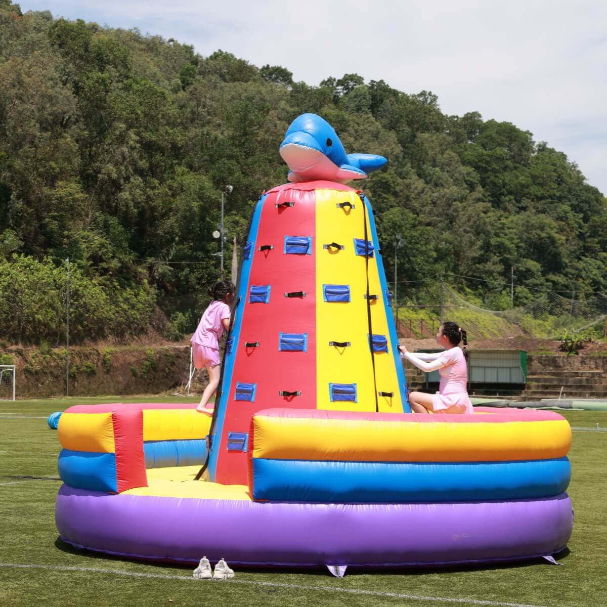 Colorful inflatable obstacle climbing wall with a dolphin on top.
