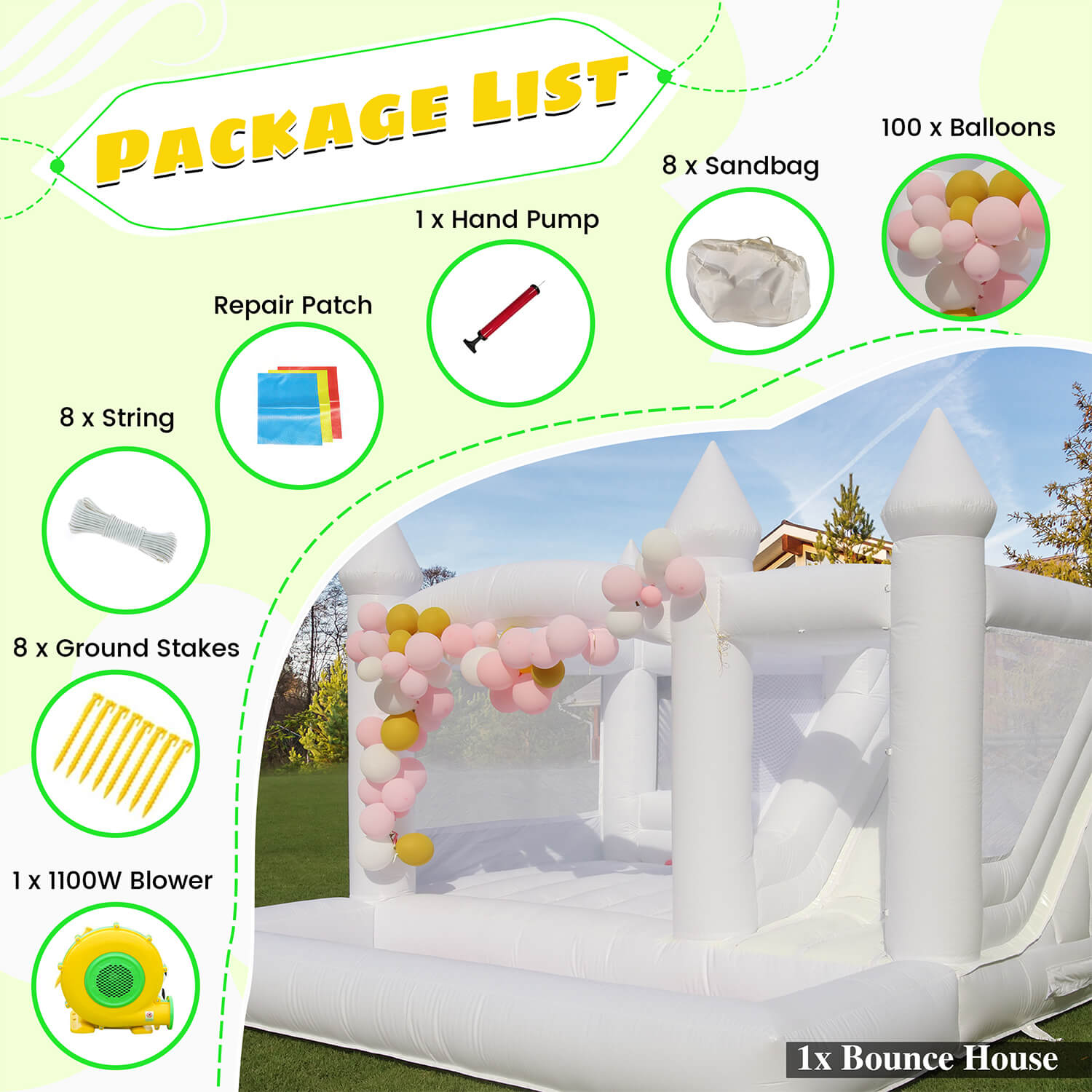 Accessories of heavy-duty white bounce house with blower bouncinlife