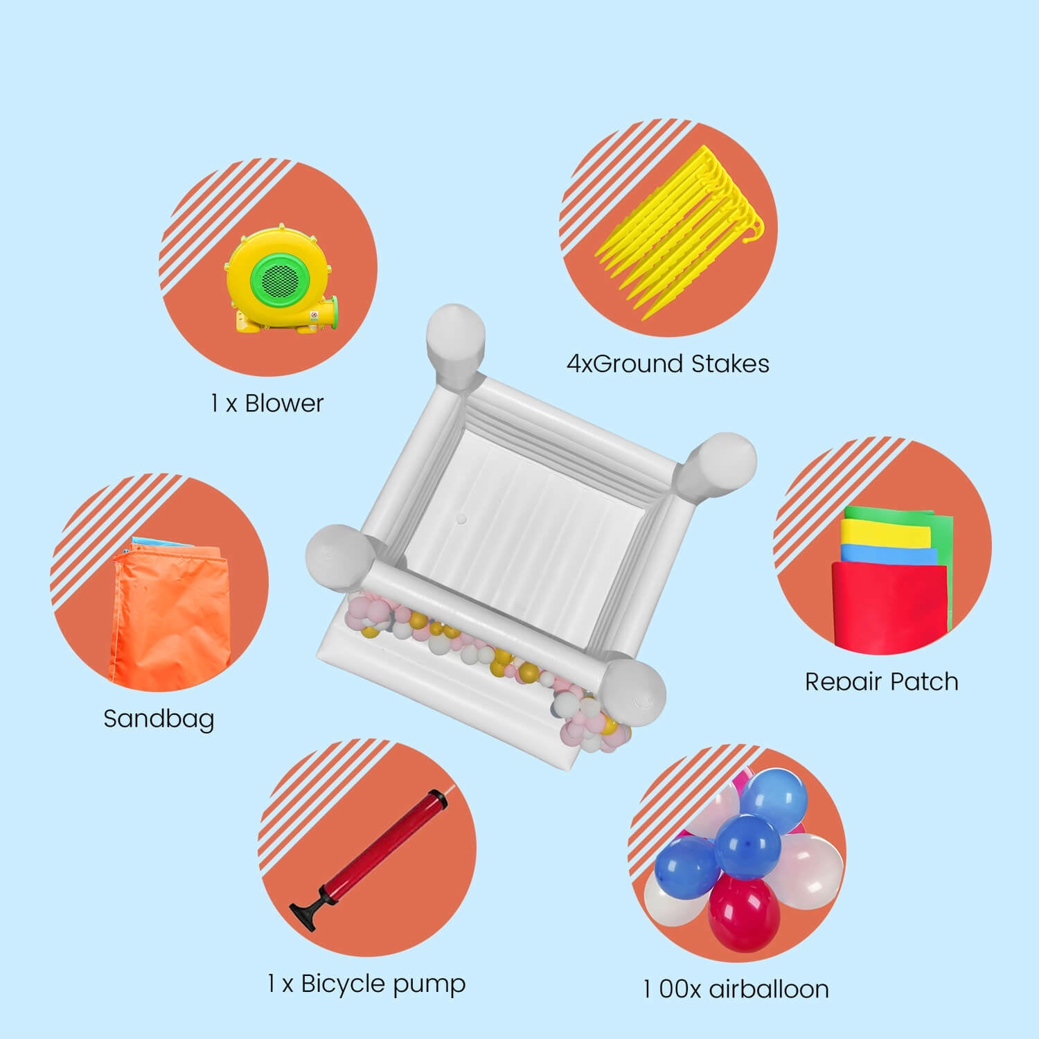 bounce house including a blower, ground stakes, sandbag, bicycle pump, repair patch, and air balloons bouncinlife