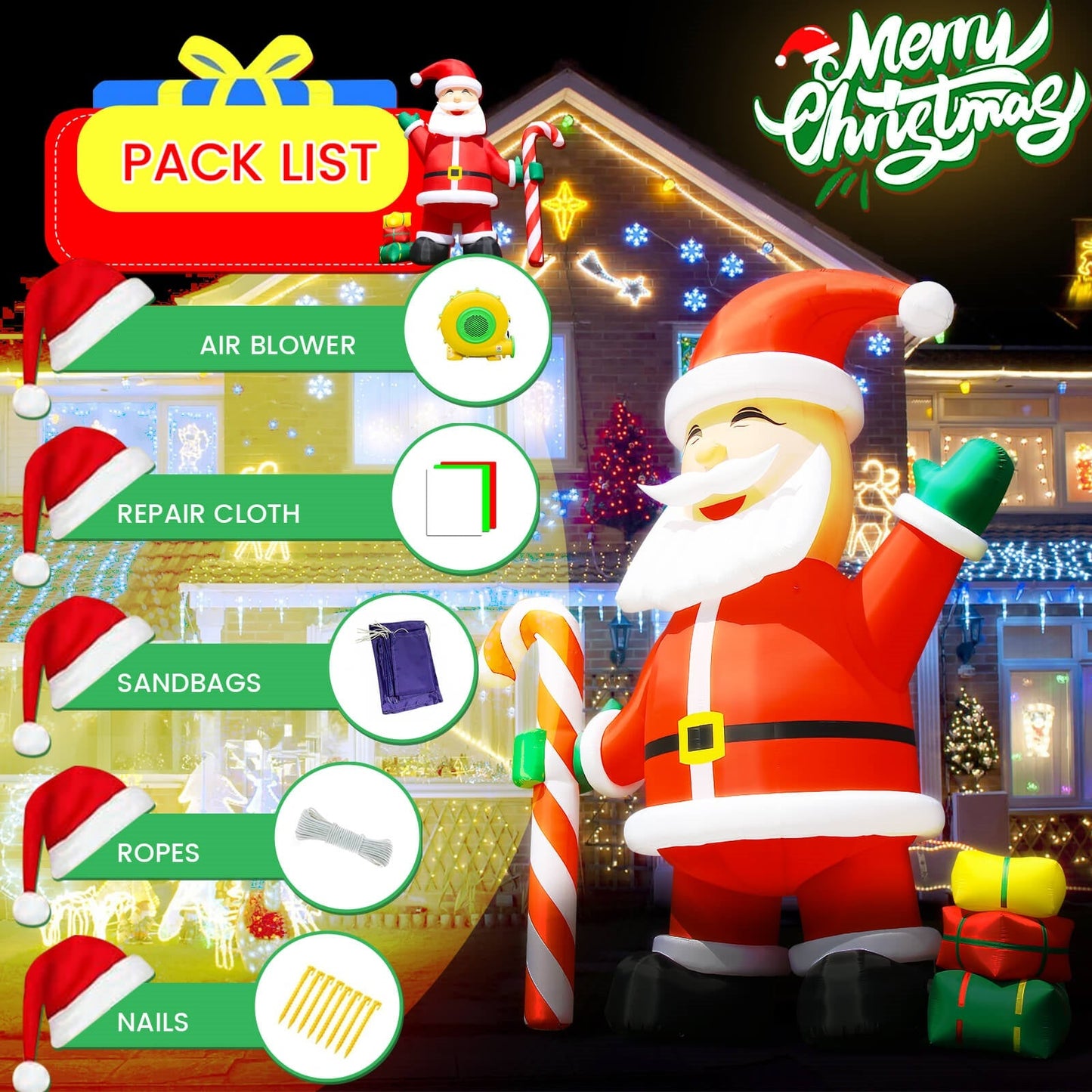 Lighted Christmas Inflatables Santa Claus Built-in LED Light and Blower 33ft/10m Bouncinlife