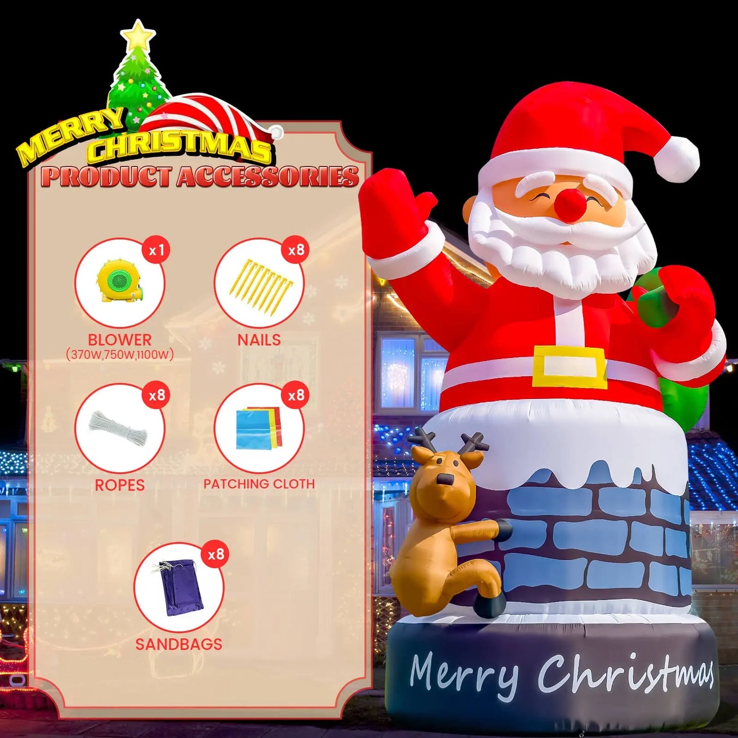 20 / 26 / 33 ft Christmas Inflatable Santa Claus Inflatables Decoration Chimney with Reindeer 3 Size Available Bouncinlife