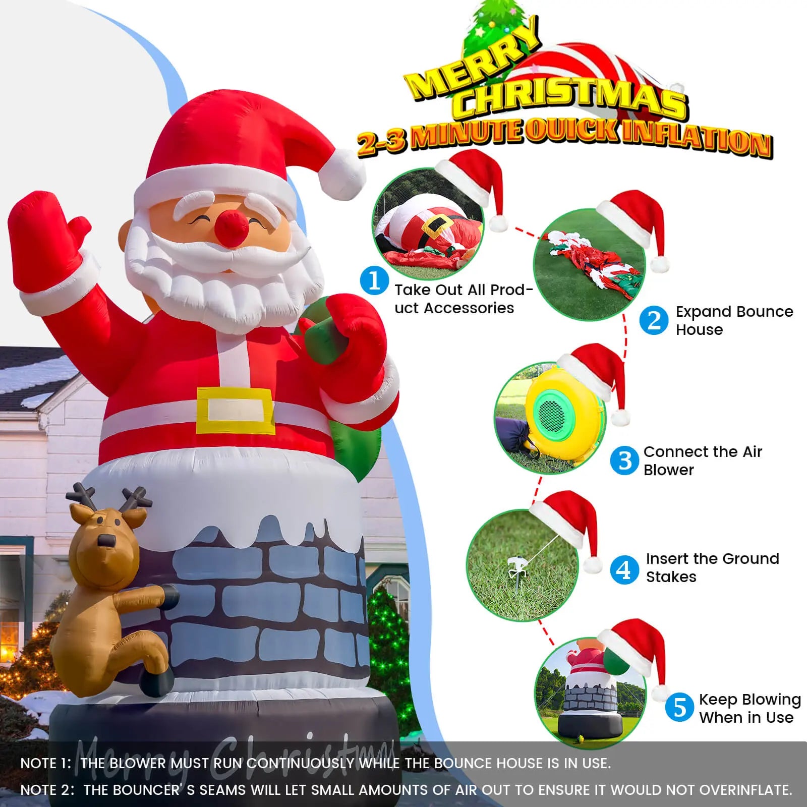 20 / 26 / 33 ft Christmas Inflatable Santa Claus Inflatables Decoration Chimney with Reindeer 3 Size Available Bouncinlife