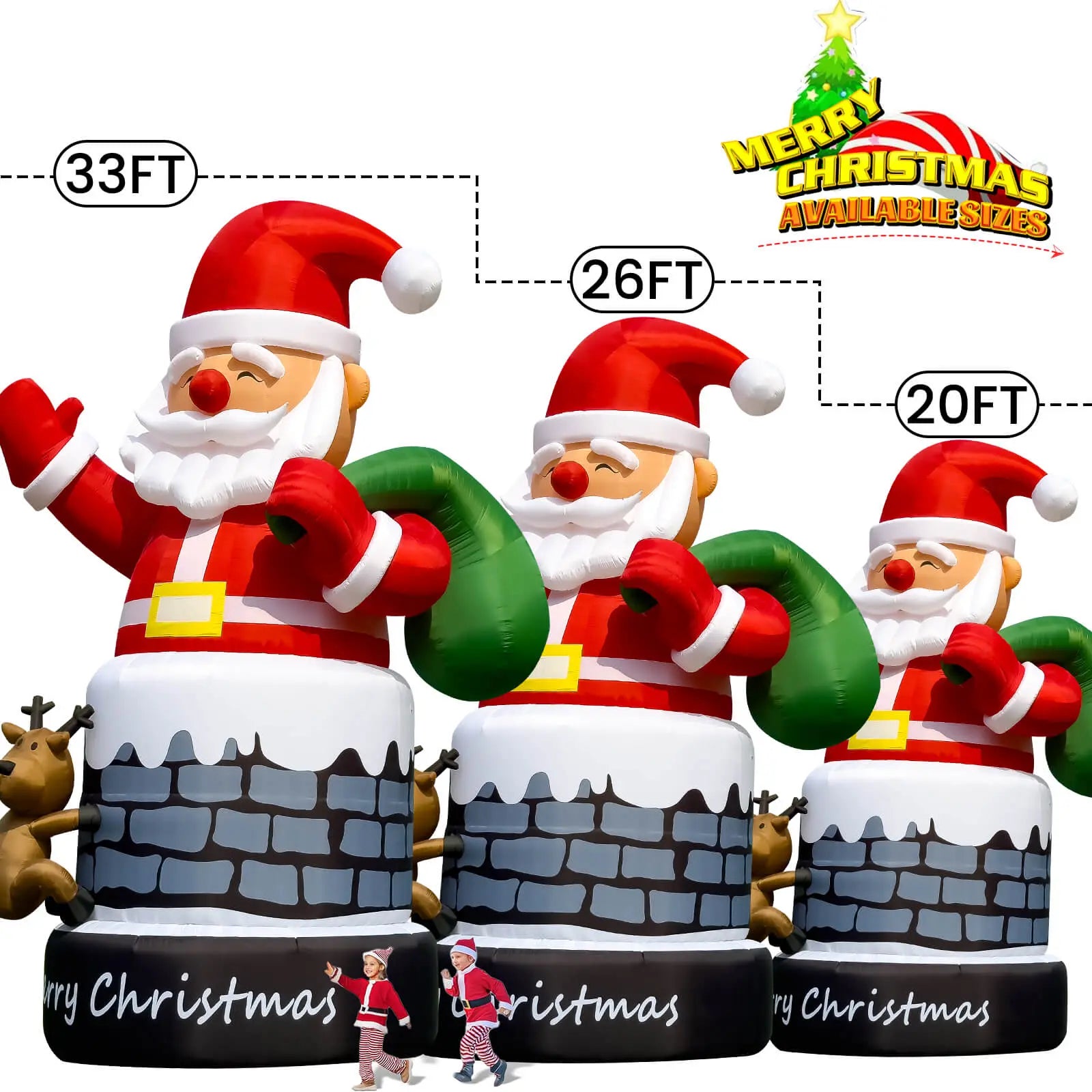 20 / 26 / 33 ft Christmas Inflatable Santa Claus Inflatables Decoration Chimney with Reindeer 3 Size Available Bouncinlife