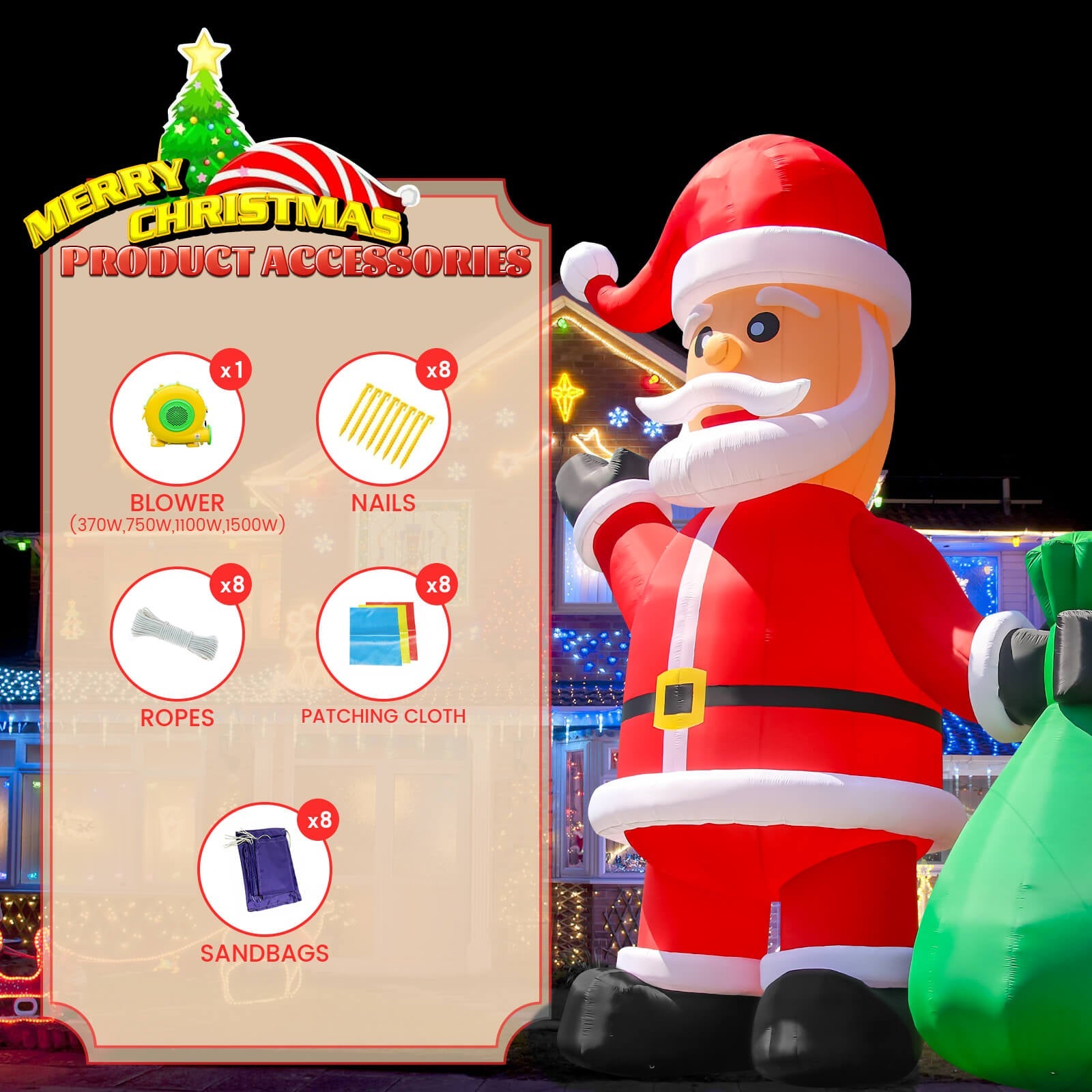 33ft Giant Inflatable Santa Christmas Outdoor Decor with Green Gift Bag Bouncinlife