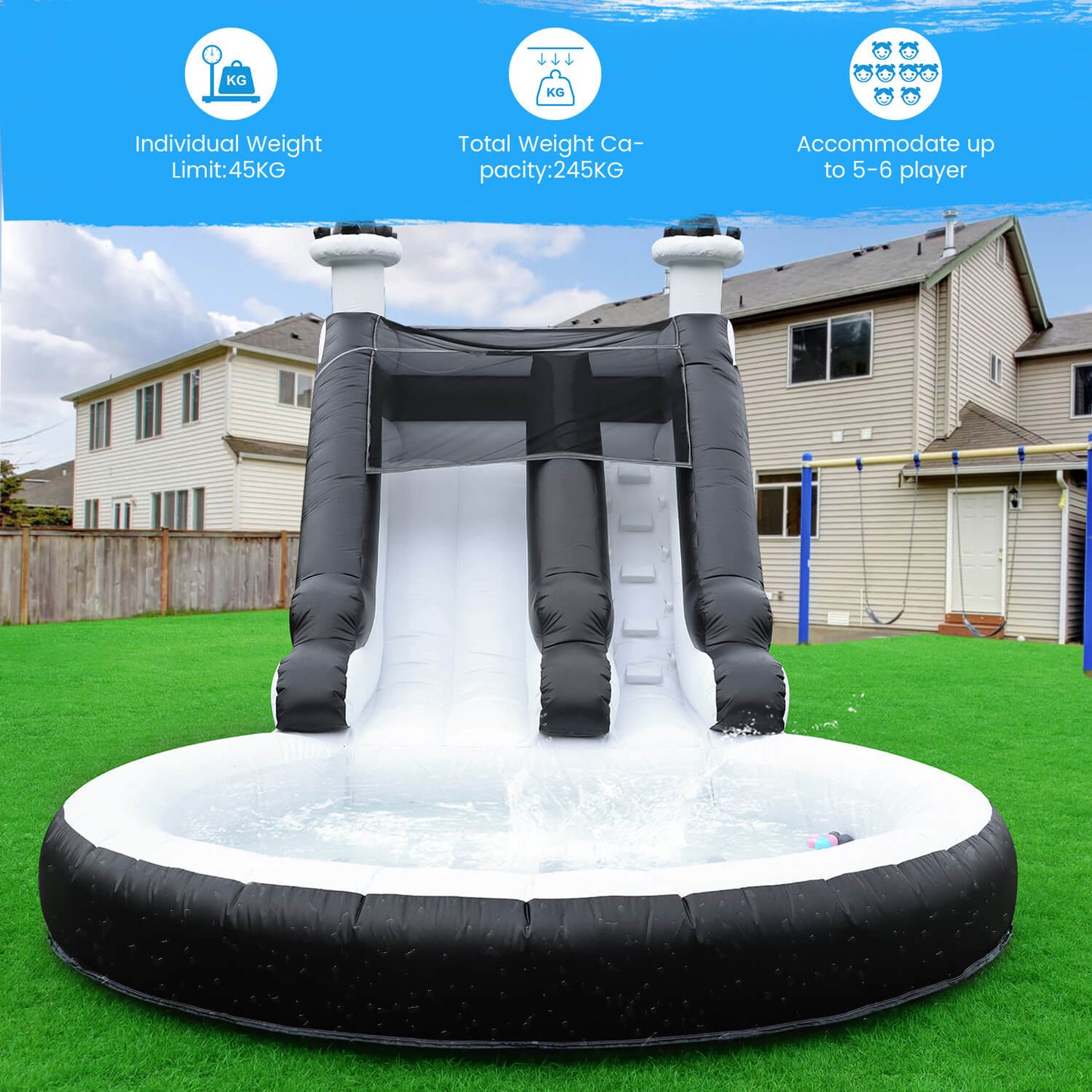 24FT Commercial Inflatable Water Slide Splash Pool with Blower - Black White Bouncinlife
