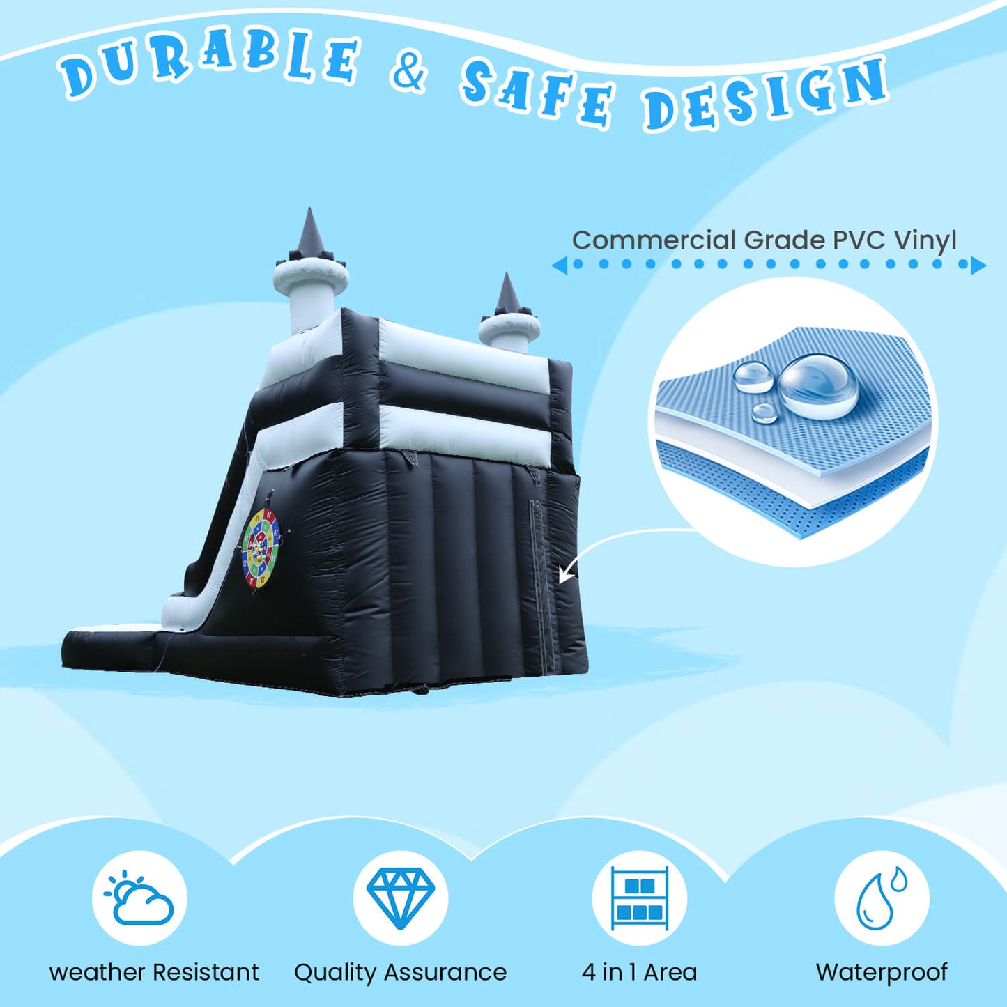 24FT Commercial Inflatable Water Slide Splash Pool with Blower - Black White Bouncinlife