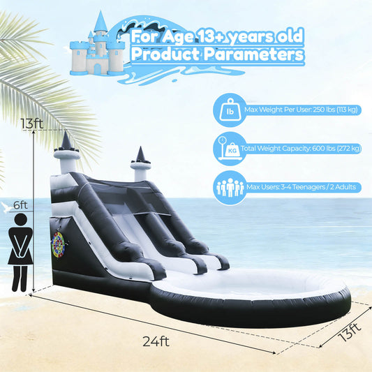 24FT Commercial Inflatable Water Slide Splash Pool with Blower - Black White
