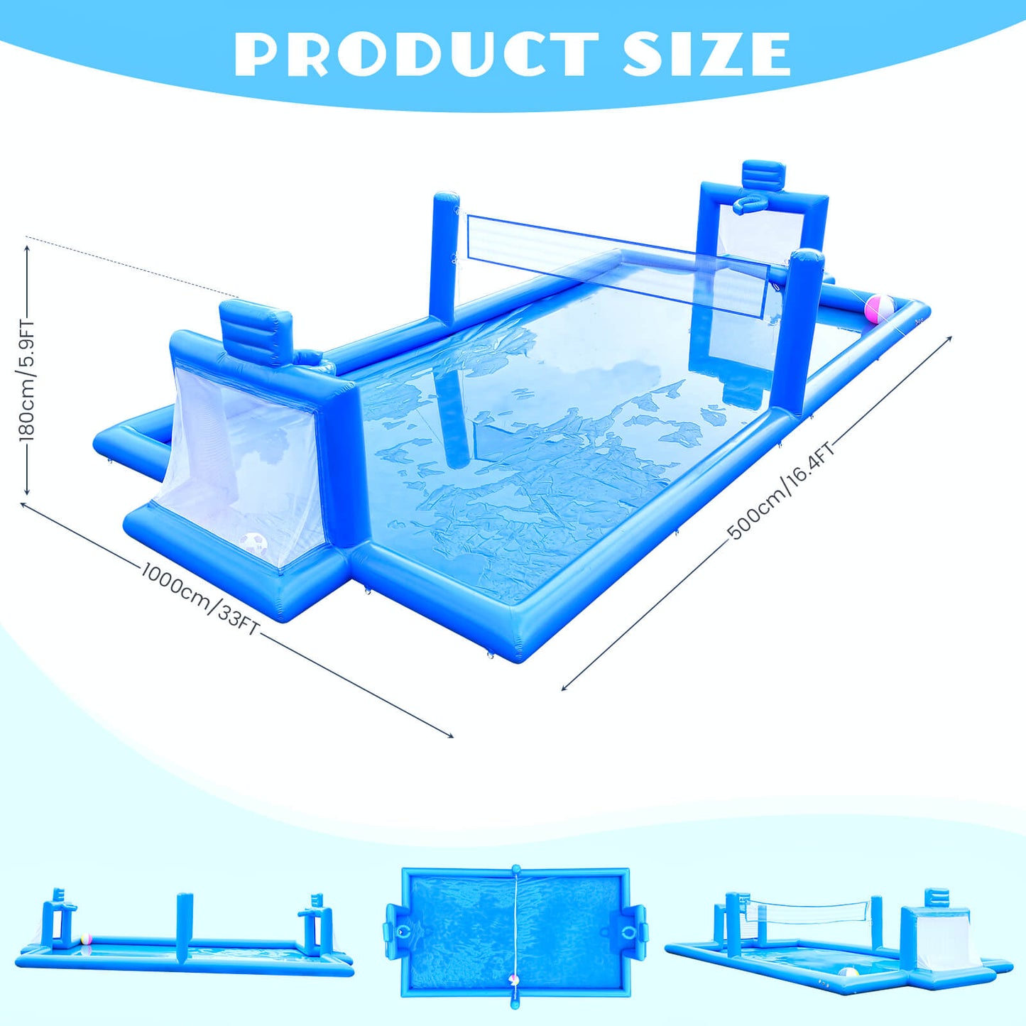 33 FT Inflatable Volleyball Court 2 in 1 Volleyball Pool Football Court Water Soccer Basketball Field with Blower for Beach Outdoor Party Bouncinlife