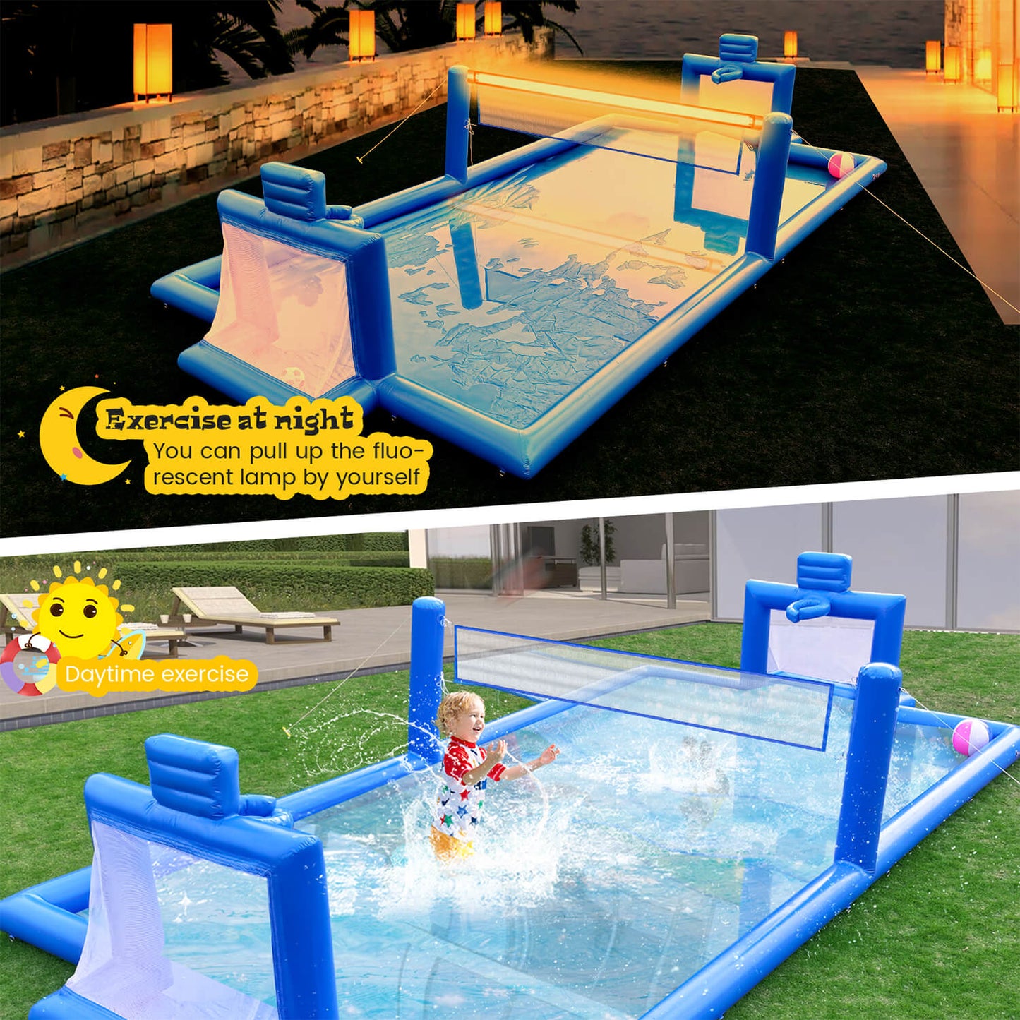 33 FT Inflatable Volleyball Court 2 in 1 Volleyball Pool Football Court Water Soccer Basketball Field with Blower for Beach Outdoor Party