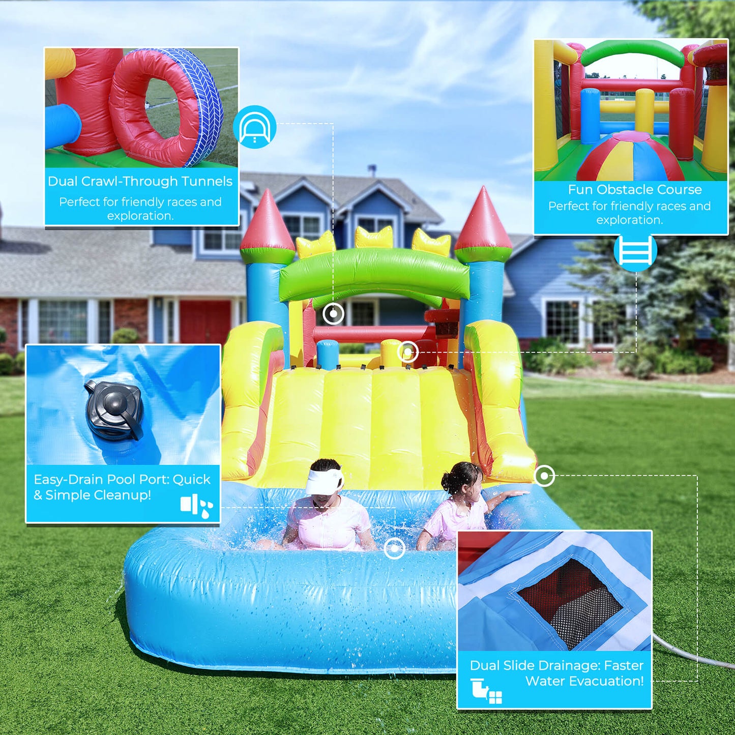 23ft Inflatable Obstacle Course with Water Slide & Blower - Commercial Grade Bouncinlife