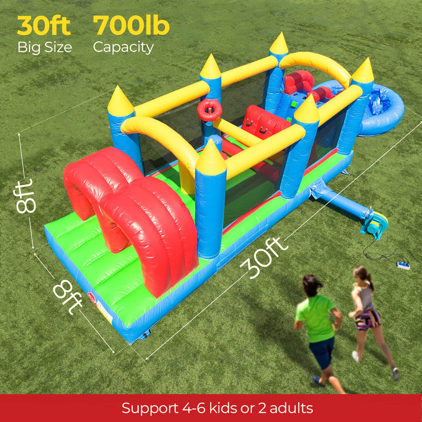 Inflatable obsatcle course with dimensions and capacity details on a grassy background