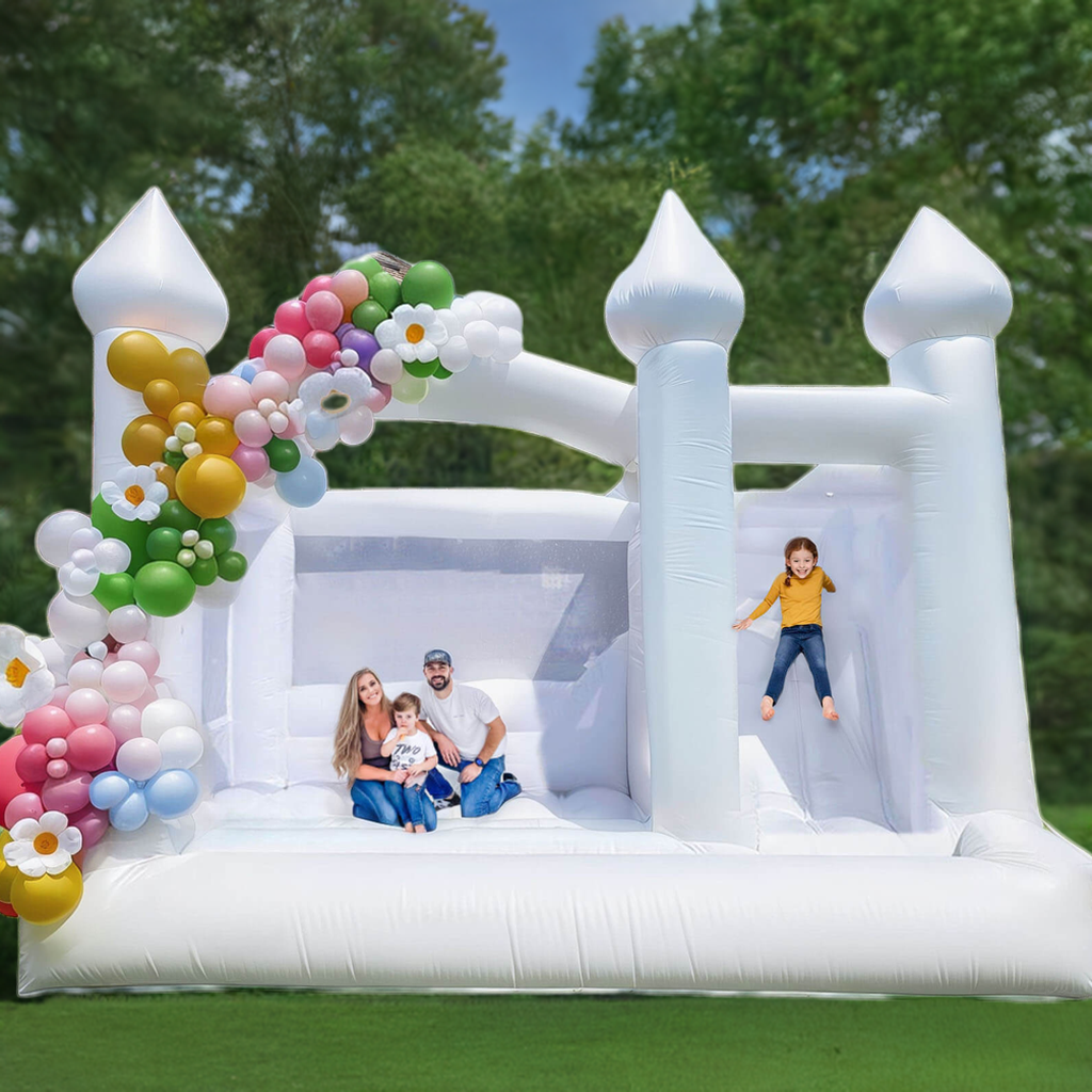 white bounce castle for family with blower bouncinlife