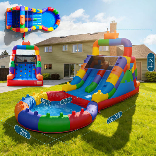 Size of Bouncinlife Colorful inflatable water slide with pool set on a grassy lawn with a house in the background.