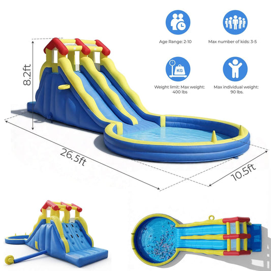 Dimensions of 26.5ft long giant inflatable water slide showing 500lb weight limit and 4-6 kid capacity.