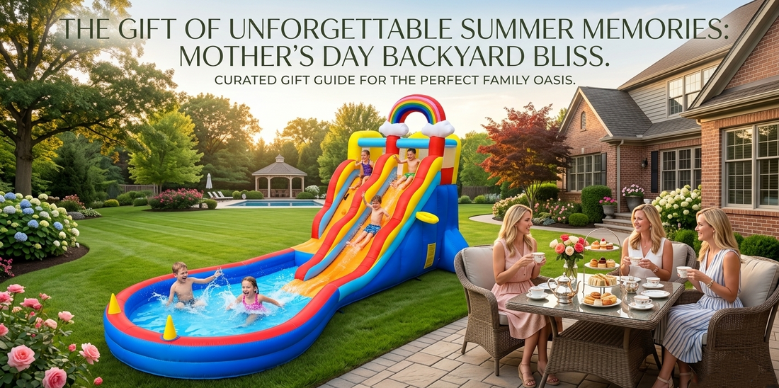 Mother's Day Gift Guide banner featuring a rainbow inflatable water slide in a luxury backyard with children playing and mothers enjoying tea