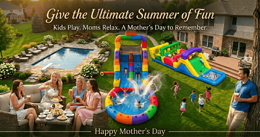 Kids racing down a large, color-block inflatable water slide in a sunny backyard, with a relaxed mom. Mother's Day backyard gift idea.