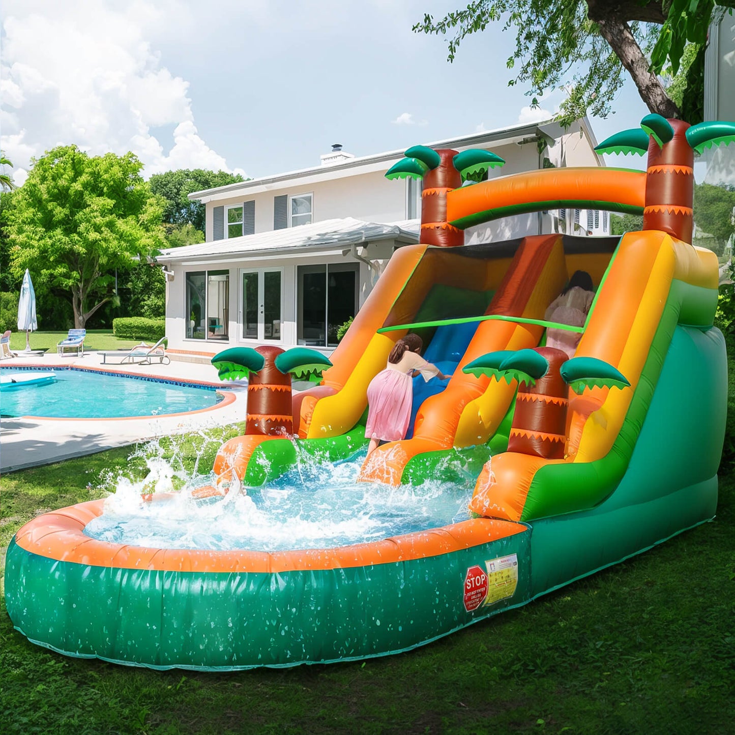 21ft Tropical Water Slide PVC  Water Bounce House with Pool for Kids