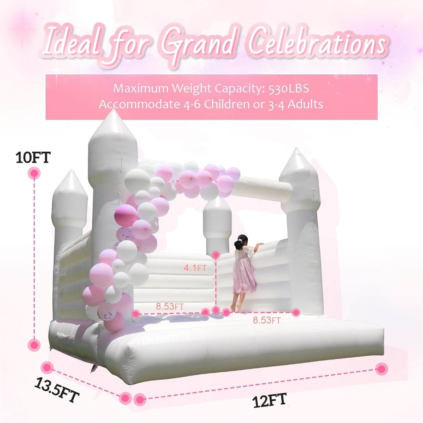 Bouncinlife 13ft PVC Commercial Grade White Bounce House for Wedding & White Bouncy Castle for Birthday Party in Backyard with Inflatable Fan