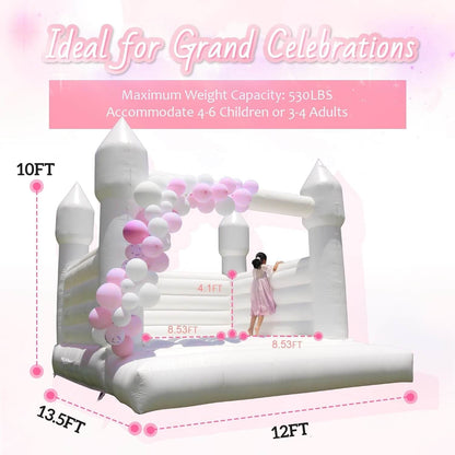 Bouncinlife 13ft PVC Commercial Grade White Bounce House for Wedding & White Bouncy Castle for Birthday Party in Backyard with Inflatable Fan