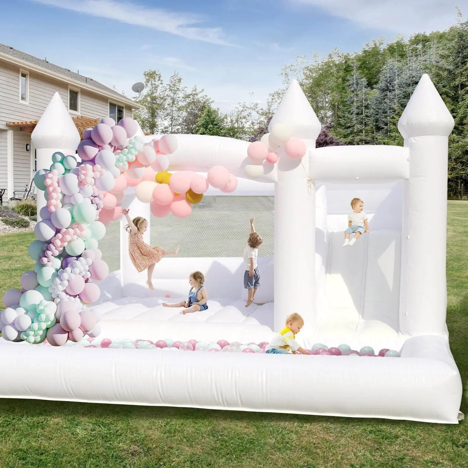 15ft Commercial White Bounce House for Adults with Slide Ball