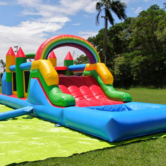 25' Bounce Obstacle Course Inflatable Water Obstacle Course with Slide Wet Dry Pool Interactive Games