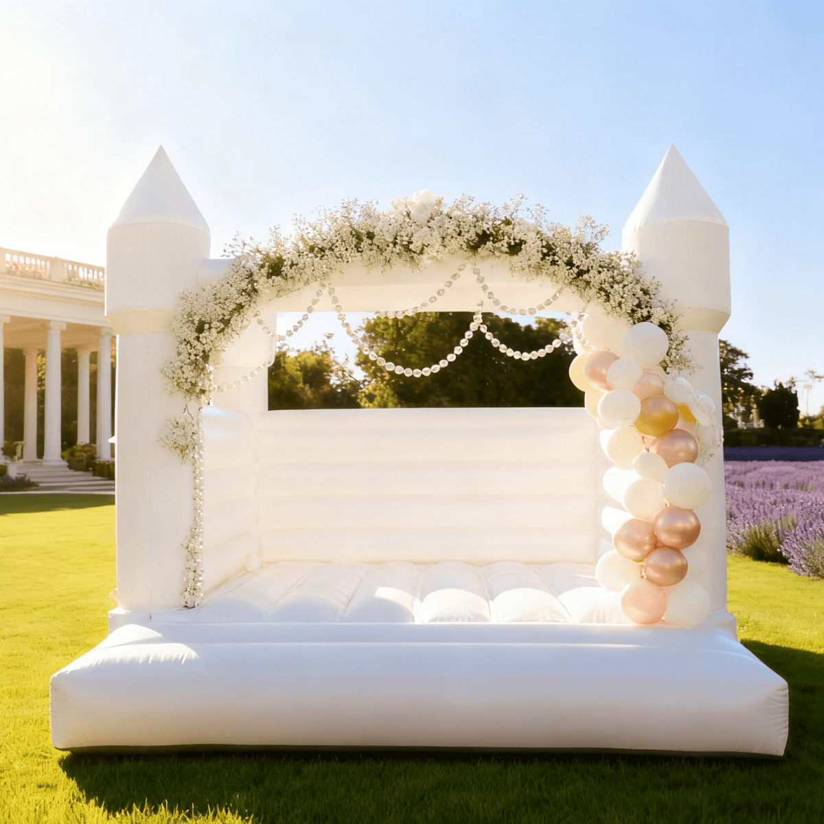 Bouncinlife 13ft PVC Commercial Grade White Bounce House for Wedding & White Bouncy Castle for Birthday Party in Backyard with Inflatable Fan Bouncinlife