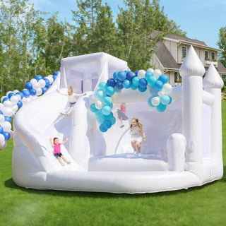 Bouncinlife 16ft White Bounce House for Adult Kids Jumping Castle with Slide & Ball Pool for Birthday Party in Backyard with Inflatable Fan