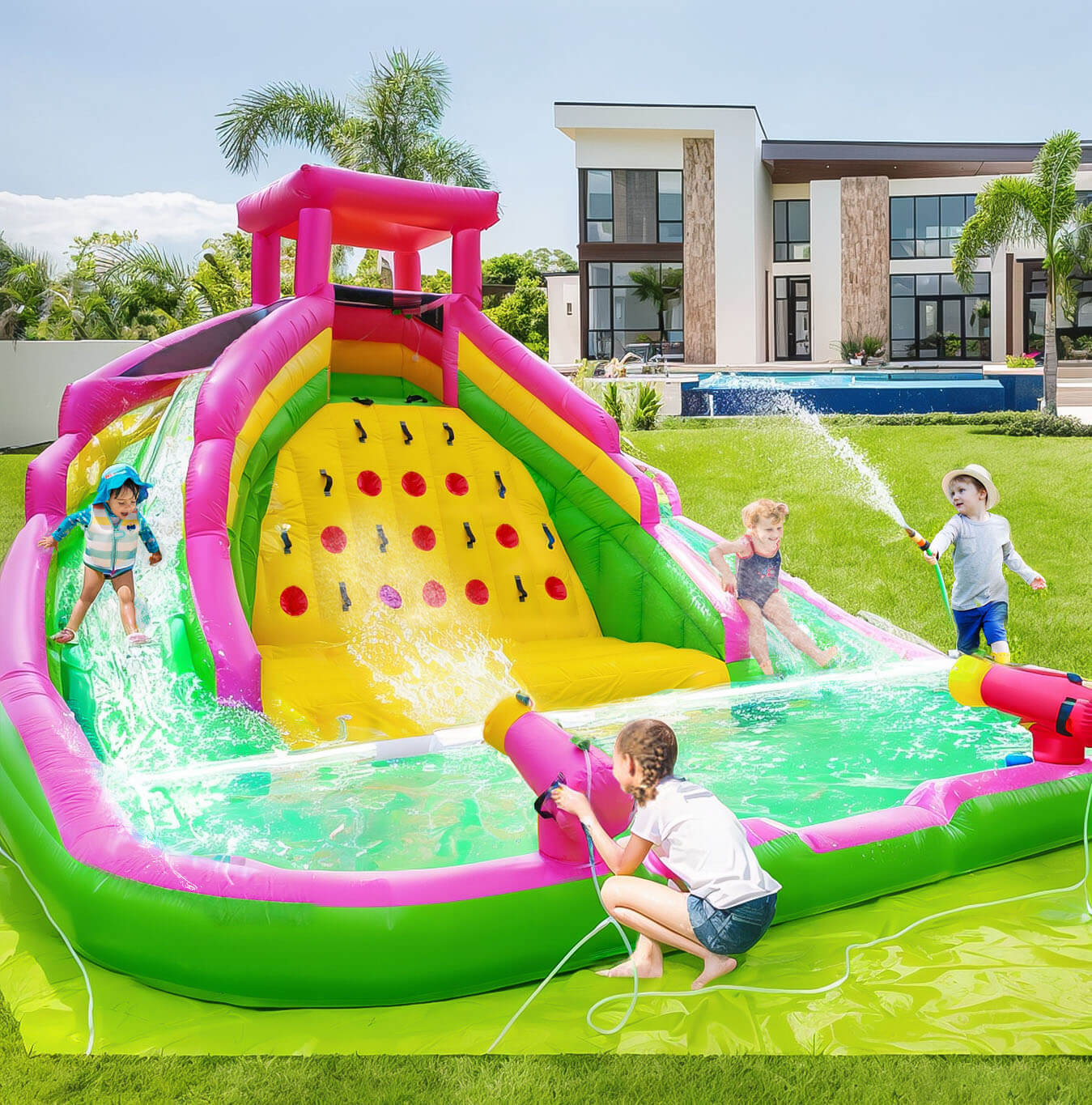 Bouncinlife Inflatable Water Park for Kids 16ft Pvc Waterslide Jumper Double Lane Water Jumping Castle Inflatable Splash Pool for Outdoor Water Play