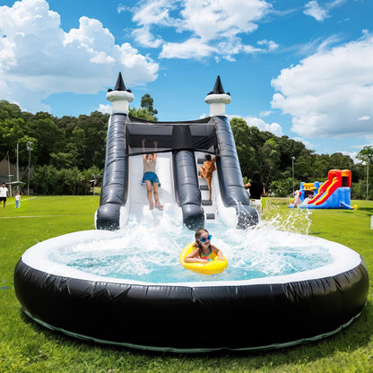 Kids 24FT Commercial Water Slide Inflatable Water Slider 100% PVC Inflatable Kids Jumper Bounce House for Wet Dry with Slide Pool - Black White