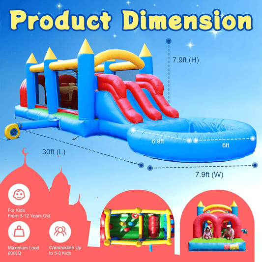 30ft Bounce House Obstacle Course with Slide Pool & Blower Bouncinlife