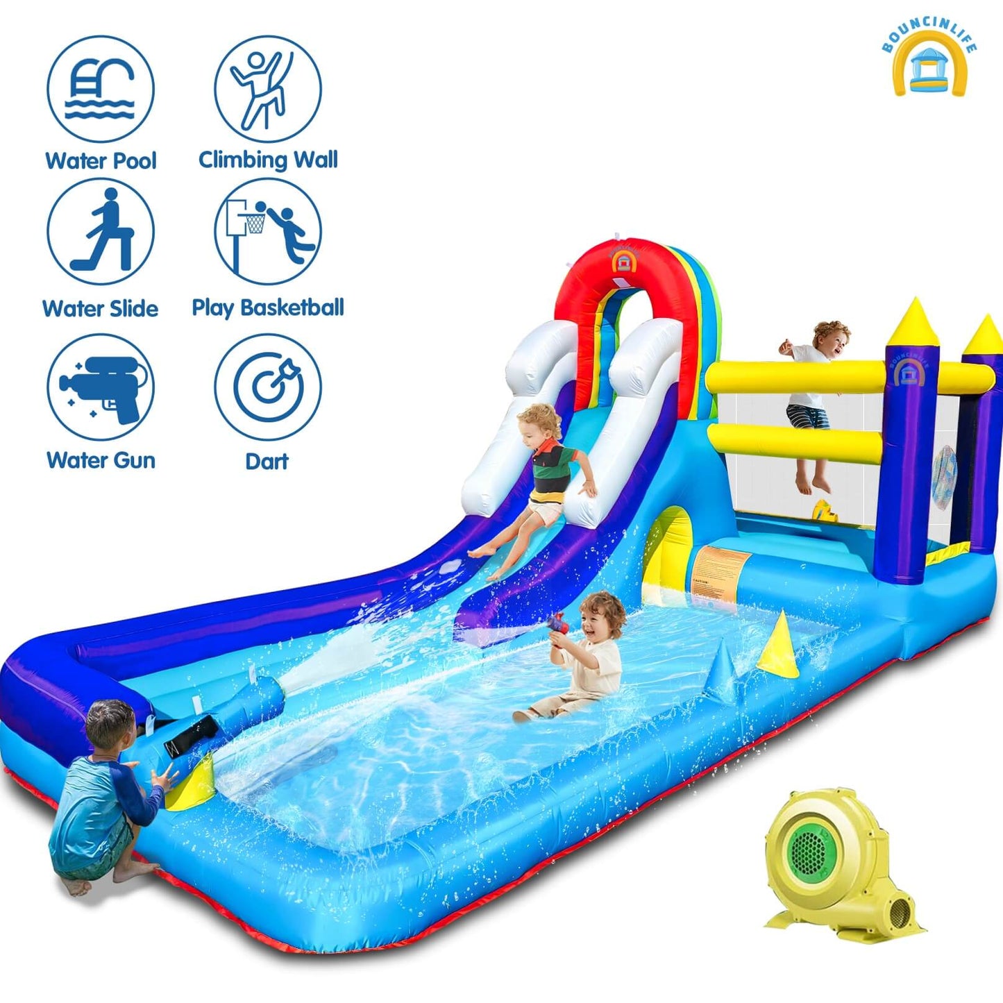 Inflatable Water Slide Splash Pool Wet or Dry Combo 16x7 FT 8 in 1 Inflatables Play House for Kids