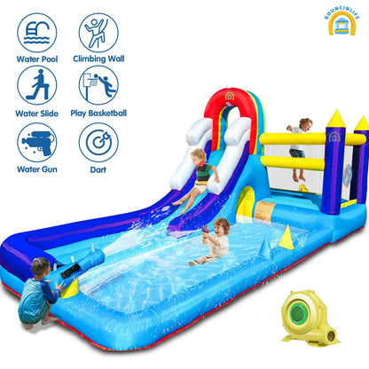 Inflatable Water Slide Splash Pool Wet or Dry Combo 16x7 FT 8 in 1 Inflatables Play House for Kids