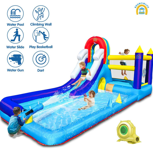 Inflatable Water Slide Splash Pool Wet or Dry Combo 16x7 FT 8 in 1 Inflatables Play House for Kids