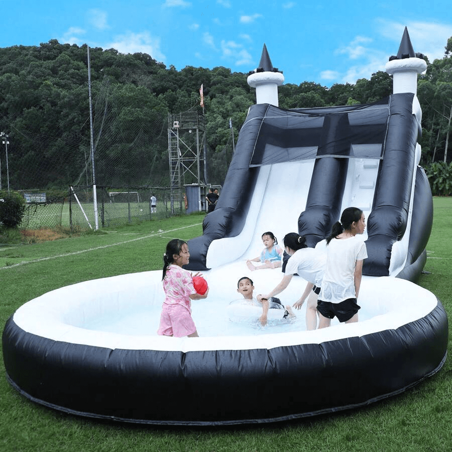 24FT Commercial Inflatable Water Slide Splash Pool with Blower - Black White Bouncinlife