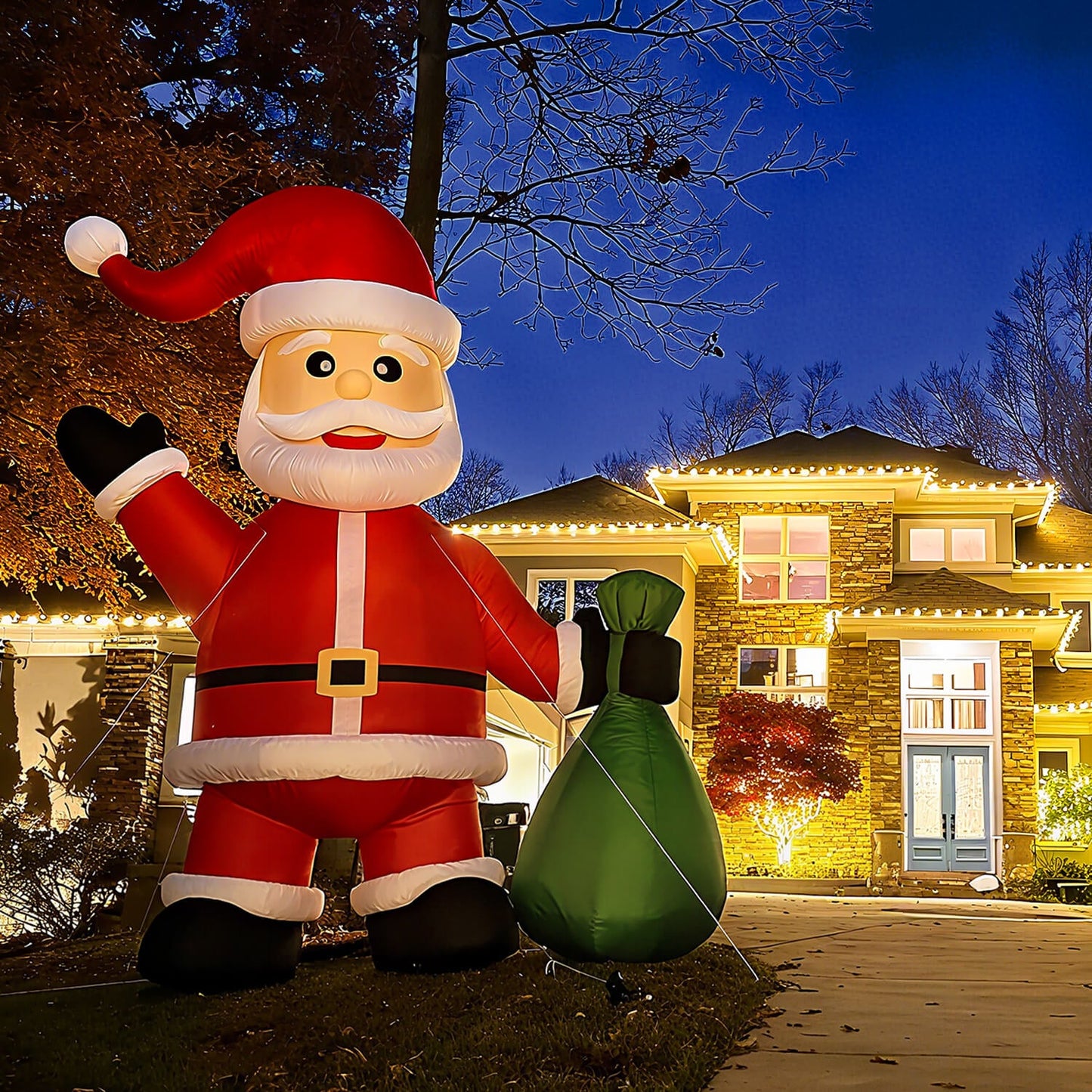 Giant Inflatable Santa Christmas Outdoor Decor with Green Gift Bag 20/26/33/40ft Bouncinlife