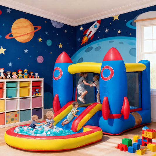 Bouncinlife 12ft Bounce House with Slide Pool Rocket-Theme Play House for Toddlers Bouncinlife