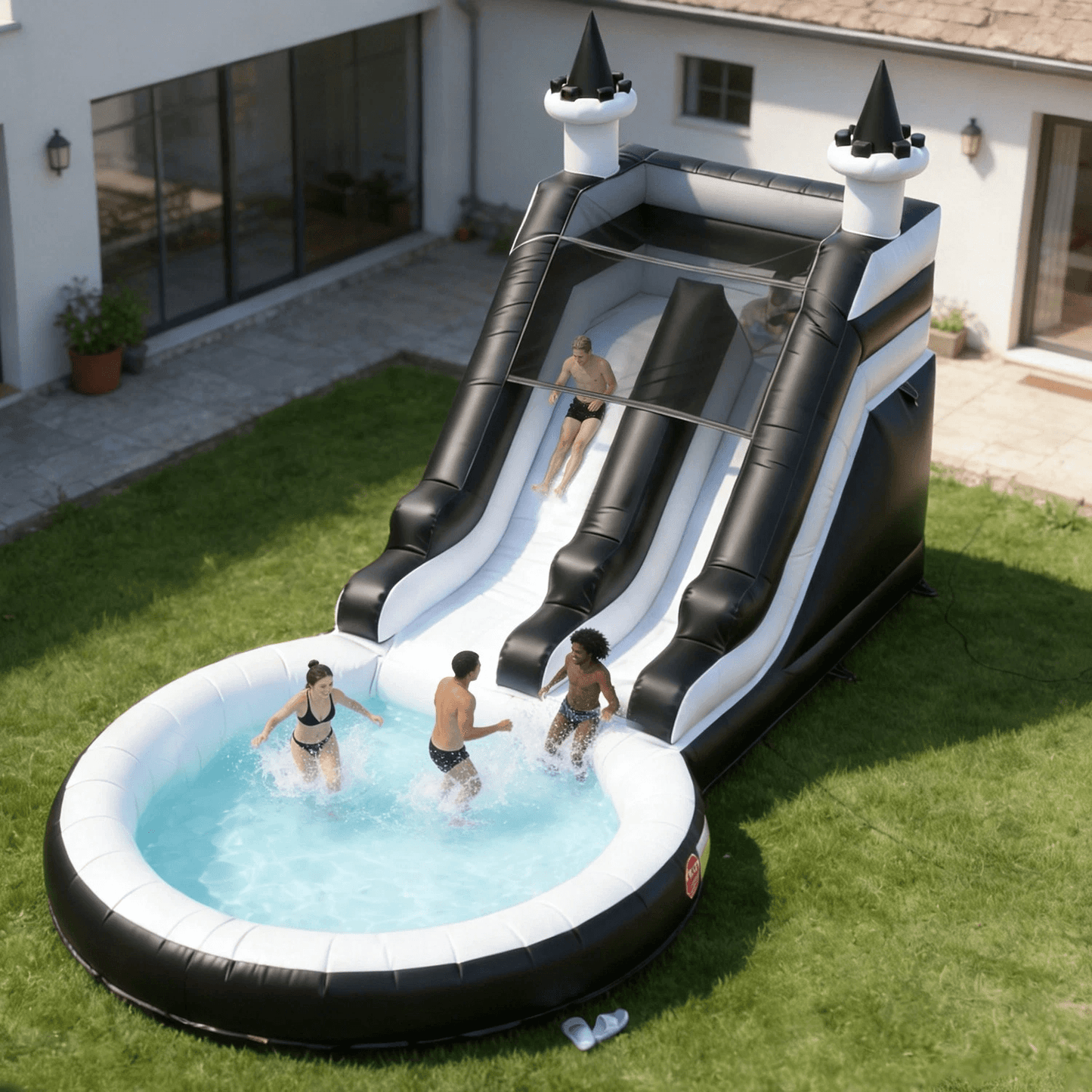 24FT Commercial Inflatable Water Slide Splash Pool with Blower - Black White Bouncinlife