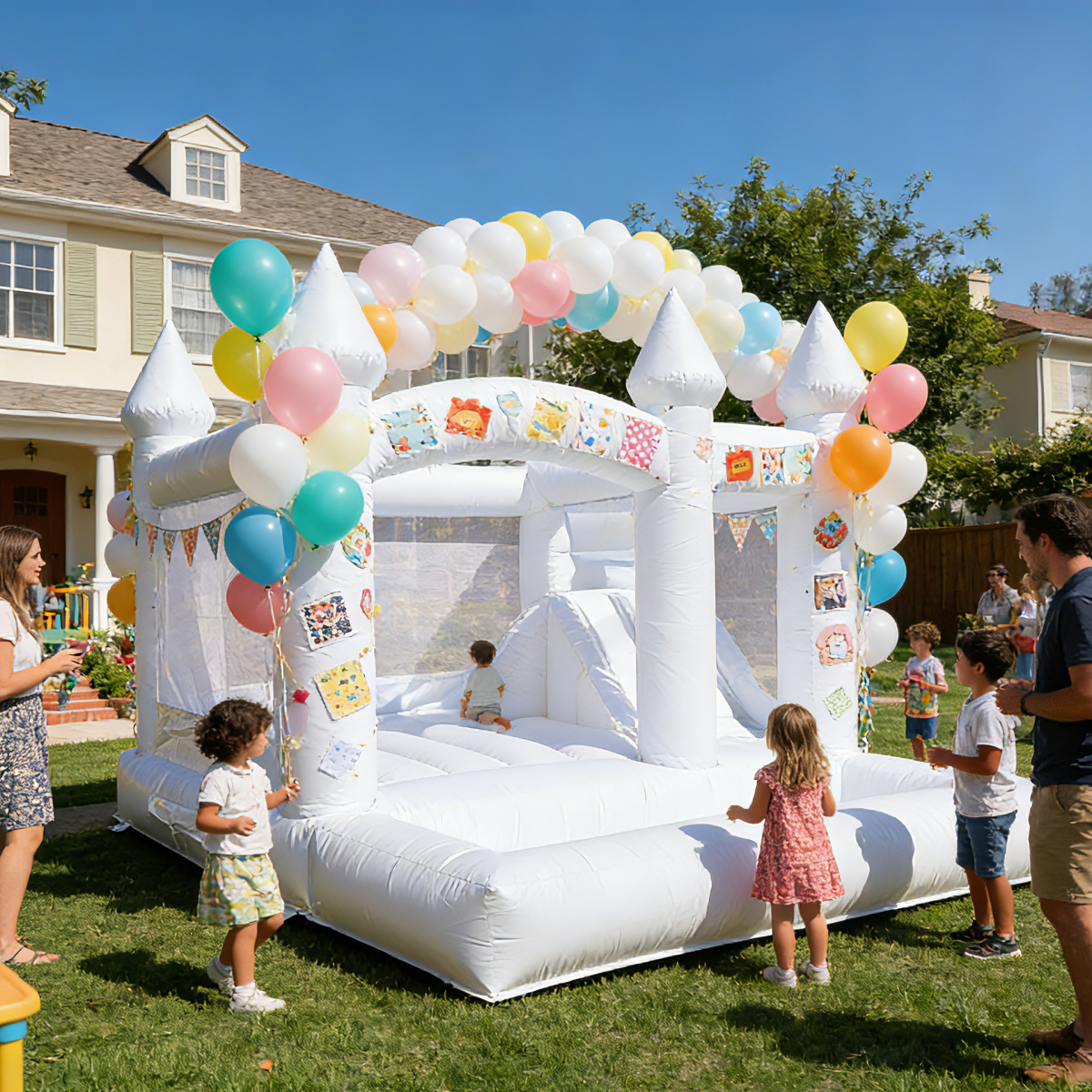 White Bounce House for Kids Birthday Party in Suburban Backyard, Luxury Inflatable Castle for Celebrations & Kindergarten Events