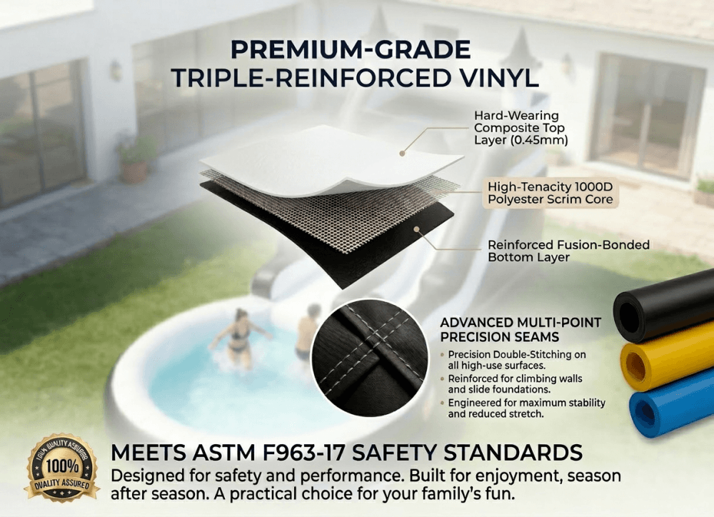 premium-grade triple-reinforced vinyl with technical details and safety standards for bouncinlife black water slide