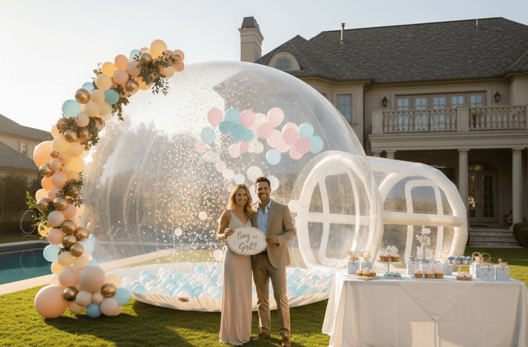 Premium clear inflatable bubble house made of PVC and TPU hybrid material, perfect for cinematic gender reveal parties.